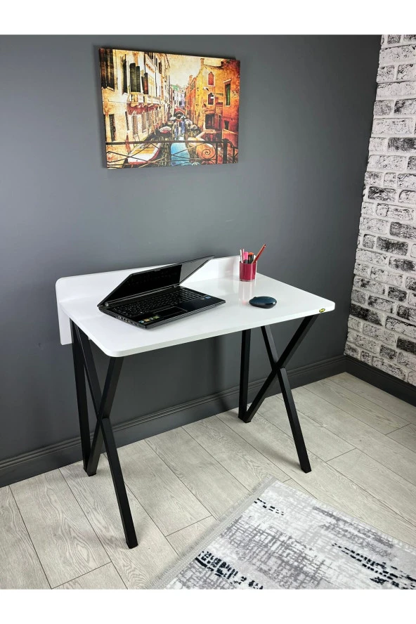 Hey Modüler Mobilya Hayal Beyaz Çalışma Masası Bilgisayar Ofis Masası Metal Siyah Ayaklı 90 Cm ürün görseli 1