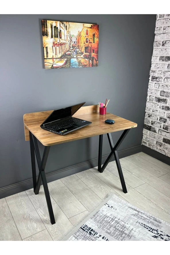 Hey Modüler Mobilya Hayal Ceviz Çalışma Masası Bilgisayar Ofis Masası Metal Siyah Ayaklı 90 Cm ürün görseli 1