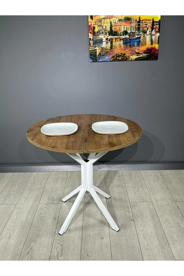 Hey Modüler Mobilya Saray Ceviz Beyaz Yuvarlak Mutfak Masası Yemek Masası Balkon Masası Metal Beyaz Ayak 80 Cm ürün görseli 1