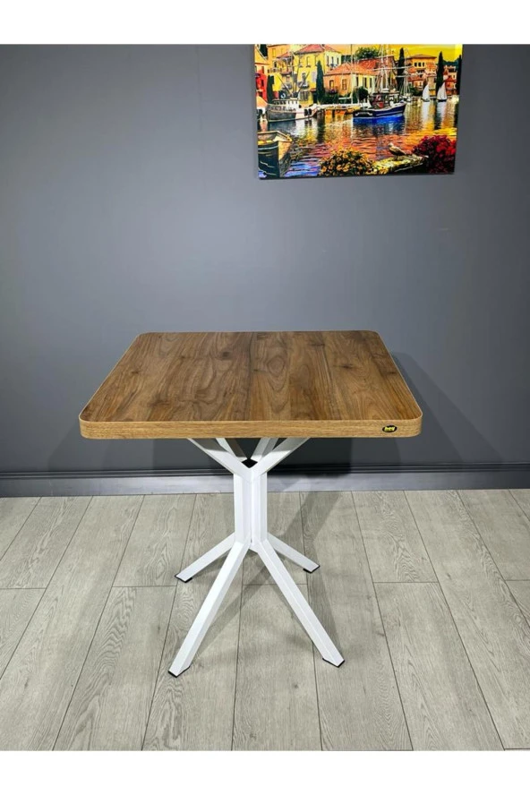 Hey Modüler Mobilya Tepe Ceviz Beyaz Mutfak Yemek Masası Balkon Masası Kavisli Köşe Beyaz Ayak 70 Cm ürün görseli 1