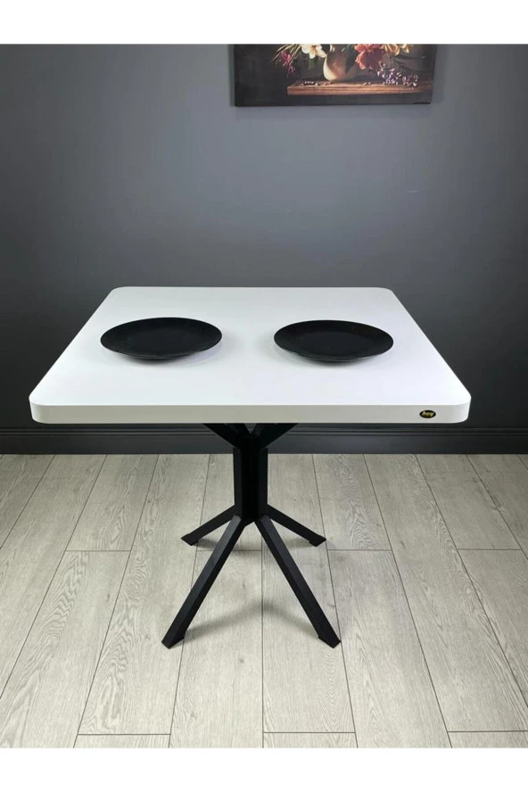 Hey Modüler Mobilya Roma Beyaz Mutfak Yemek Masası Balkon Masası Kavisli Köşe Metal Siyah Ayak 80 Cm ürün görseli 1