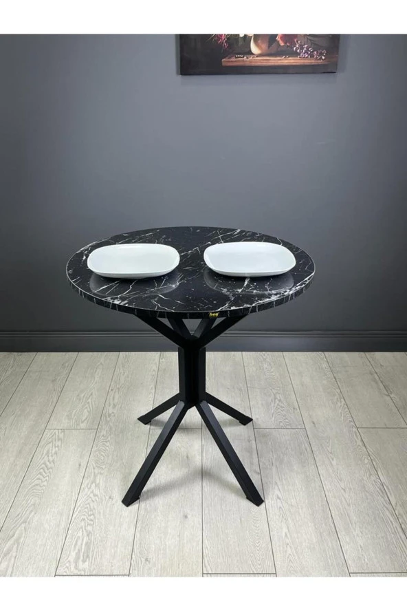 Hey Modüler Mobilya Nisa Siyahmermer Yuvarlak Mutfak Masası Yemek Masa Balkon Masa Metal Siyah Ayak 70 Cm ürün görseli 1