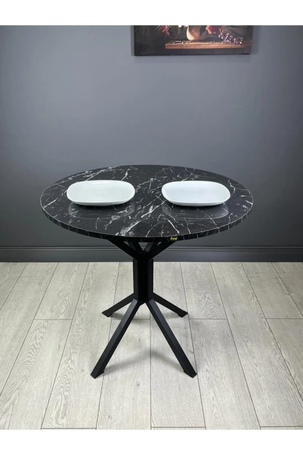 Hey Modüler Mobilya Saray Siyah mermer Yuvarlak Mutfak Masası Yemek Masa Balkon Masa Metal Siyah Ayak 80 Cm ürün görseli 1