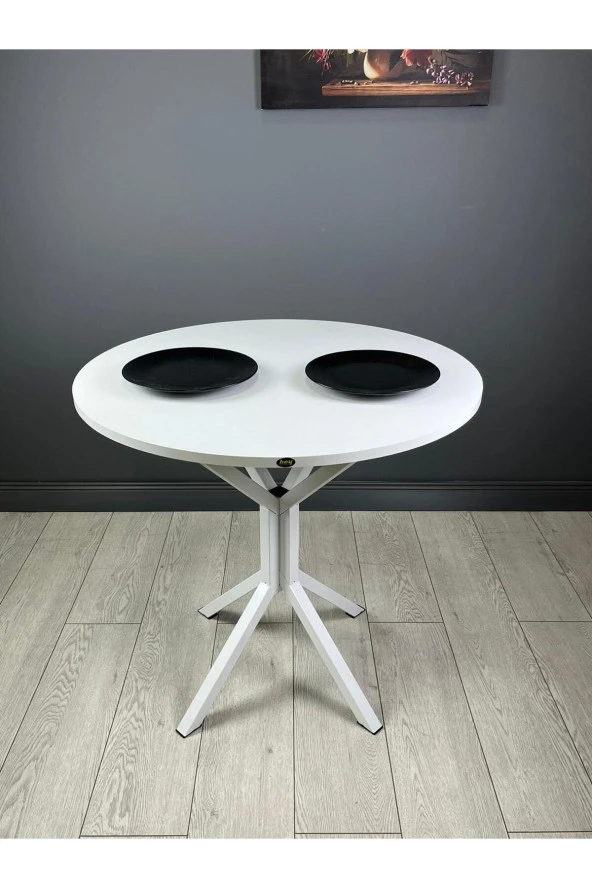 Hey Modüler Mobilya Saray Beyaz Yuvarlak Mutfak Masası Yemek Masası Balkon Masası Metal Beyaz Ayak 80 Cm ürün görseli 1
