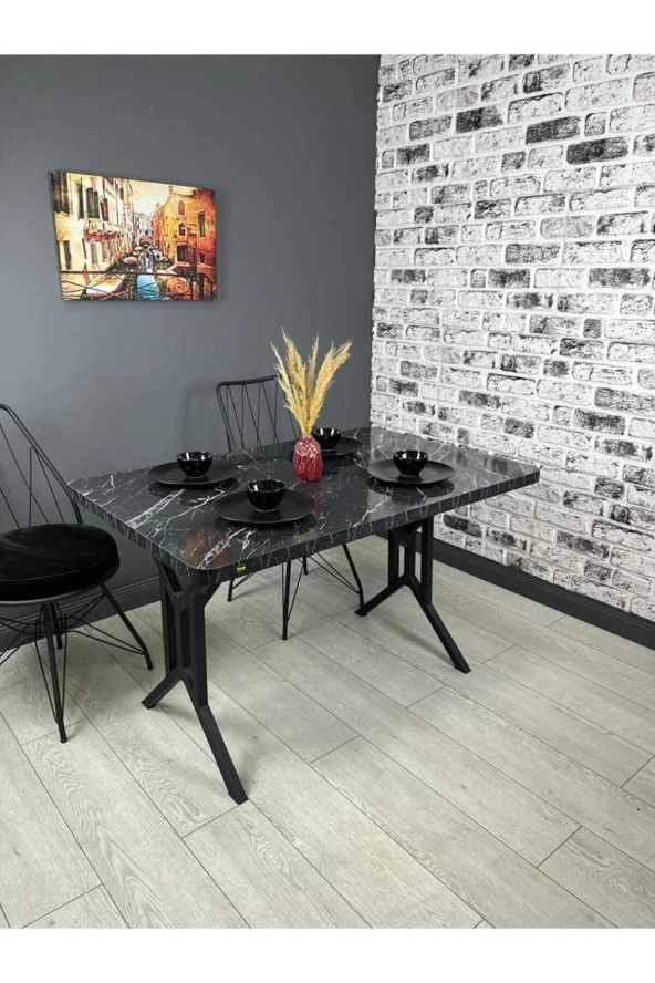 Hey Modüler Mobilya Sultan Siyah Mermer Mutfak Yemek Masası Balkon Masası 120 Cm ürün görseli 1