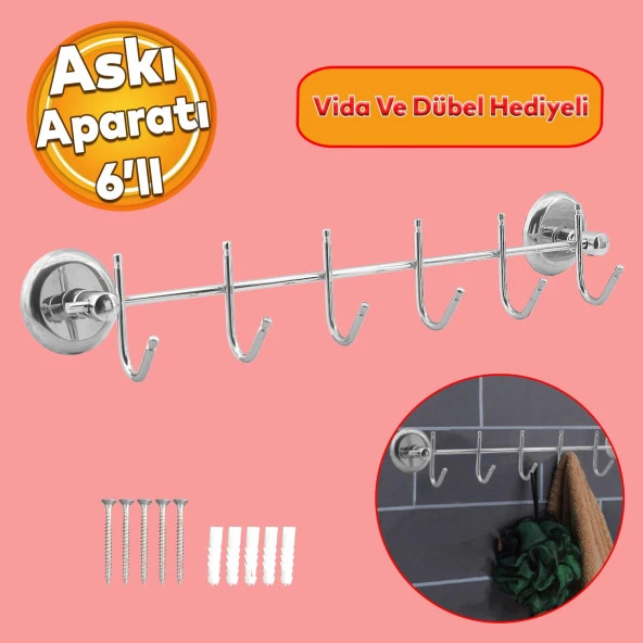 Elbise Havlu Asma Askı Metal 6lı Banyo Lavabo Vidalı Askılık Sağlam Aparat Krom Askılık ürün görseli 1