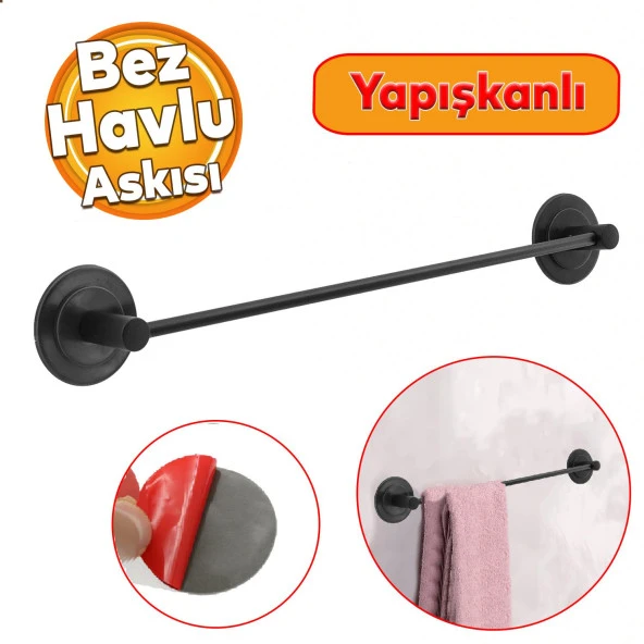 Lavabo Banyo Mutfak Yapışkanlı Bez Havlu Standı Askısı Paslanmaz Metal Siyah Uzun Bez Havluluk ürün görseli 1