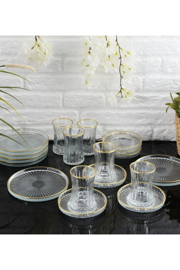 18 Parça Gold Yaldızlı Çay Seti Takımı - Pasta tabağı, Çay Bardağı, Çay Tabağı ürün görseli 1