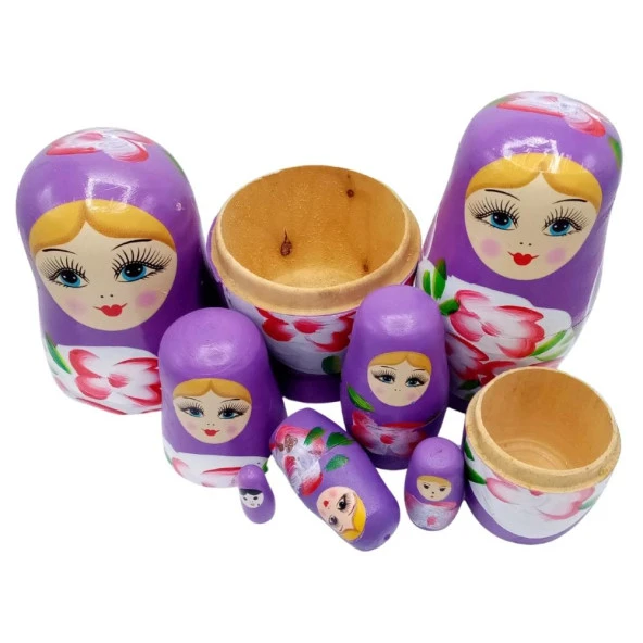 Ahşap Matruşka Bebek Yedili Set Mor - Resim 4