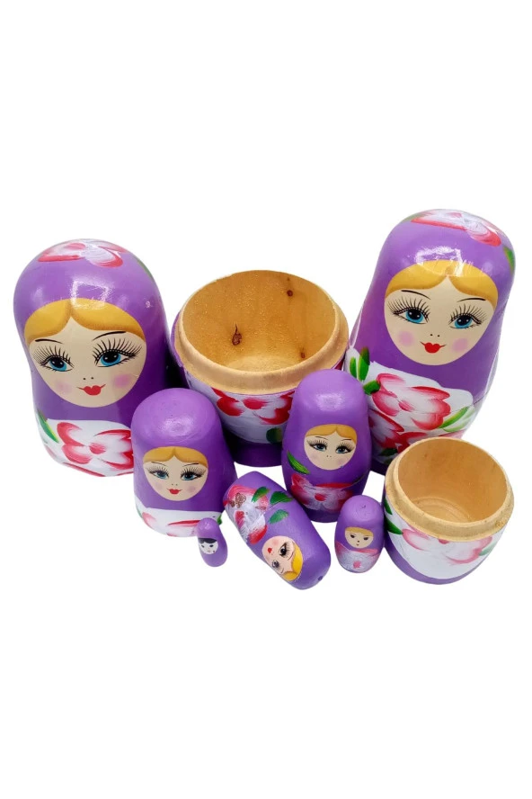 Ahşap Matruşka Bebek Yedili Set Mor - Resim 8
