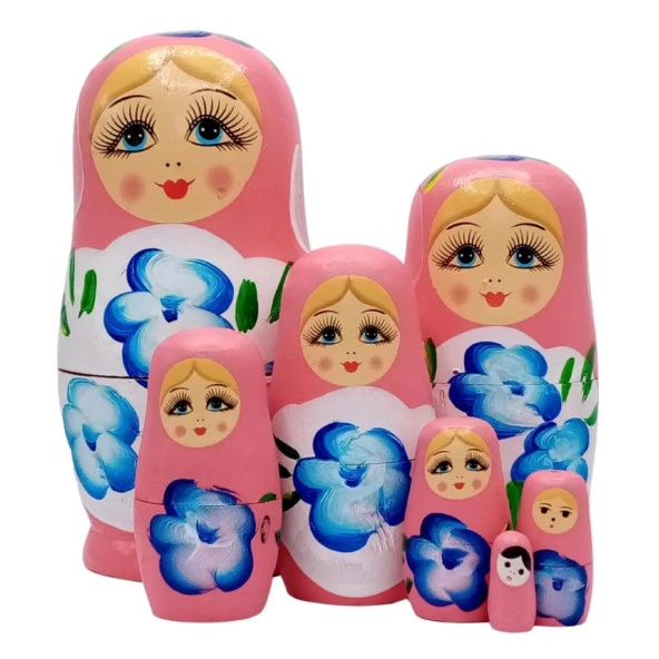 Ahşap Matruşka Bebek Yedili Set Pembe - Resim 2