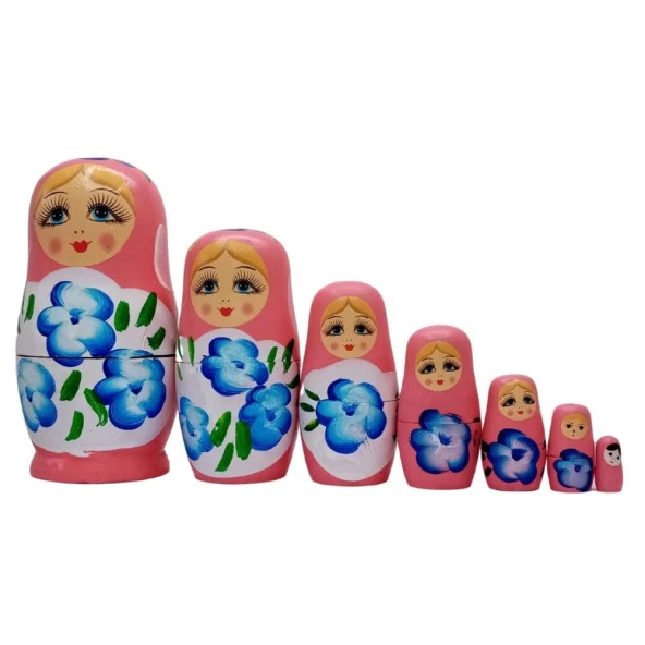 Ahşap Matruşka Bebek Yedili Set Pembe - Resim 3