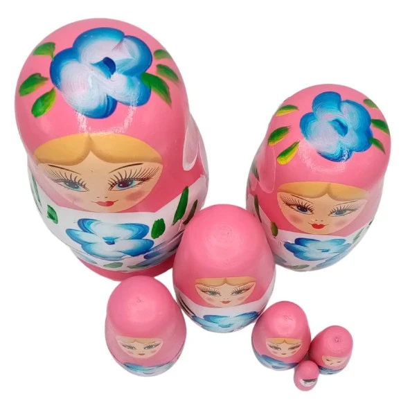 Ahşap Matruşka Bebek Yedili Set Pembe - Resim 4