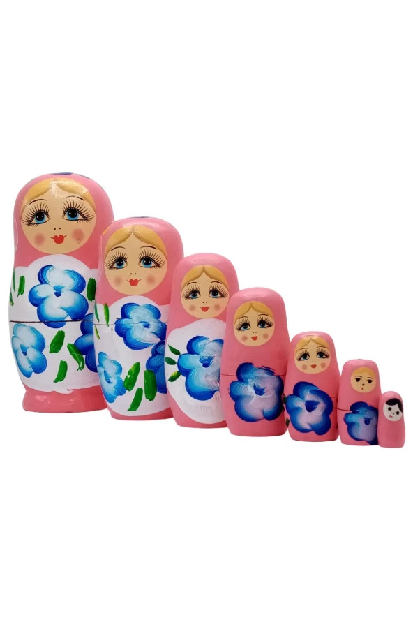 Ahşap Matruşka Bebek Yedili Set Pembe - Resim 5