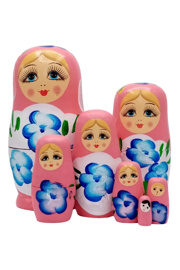 Ahşap Matruşka Bebek Yedili Set Pembe - Resim 6