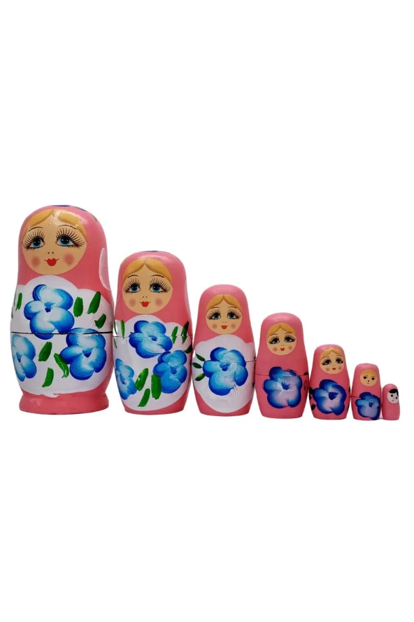 Ahşap Matruşka Bebek Yedili Set Pembe - Resim 7
