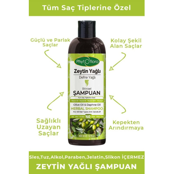 Phytoflora Tuzsuz Tüm Saç Tiplerine Özel Zeytinyağlı Bitkisel Şampuan 400 ML ürün görseli 1
