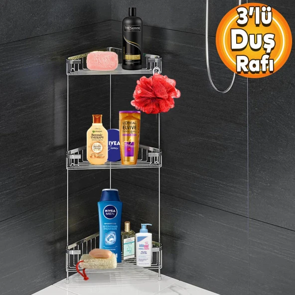 Banyo Duş Rafı Şampuanlık Köşelik Üçgen Krom 3 Katlı Malzemelik Organizer Düzenleyici Mutfak Eşya Rafı ürün görseli 1