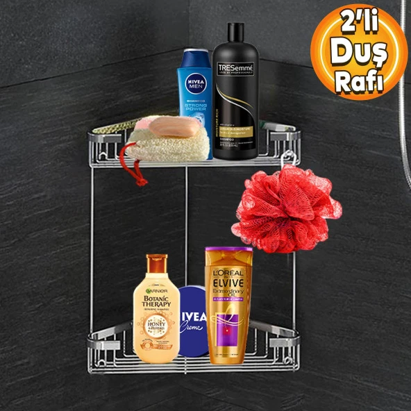 Banyo Duş Rafı Şampuanlık Köşelik Üçgen Krom 2 Katlı Malzemelik Organizer Düzenleyici Mutfak Eşya Rafı ürün görseli 1