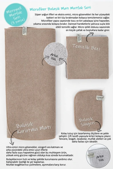 Bej-gri Microwell 3 Prç Set Microfiber Bulaşık Kurutma Matı Mutfak Seti 3'lü Kurulama Bezi Örtüsü ürün görseli 1