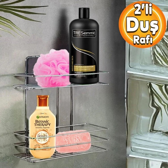 Banyo Duş Rafı Şampuanlık Köşelik Kare Krom 2 Katlı Malzemelik Organizer Düzenleyici Mutfak Eşya Rafı ürün görseli 1