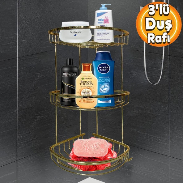 Banyo Duş Rafı Şampuanlık Köşelik Damla Gold Altın 3 Katlı Malzemelik Organizer Düzenleyici Mutfak Eşya Rafı ürün görseli 1