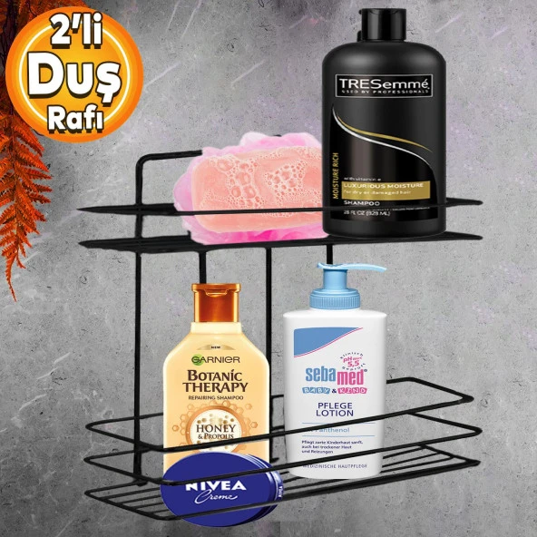 Banyo Duş Rafı Şampuanlık Köşelik Kare Siyah 2 Katlı Malzemelik Organizer Düzenleyici Mutfak Eşya Rafı ürün görseli 1