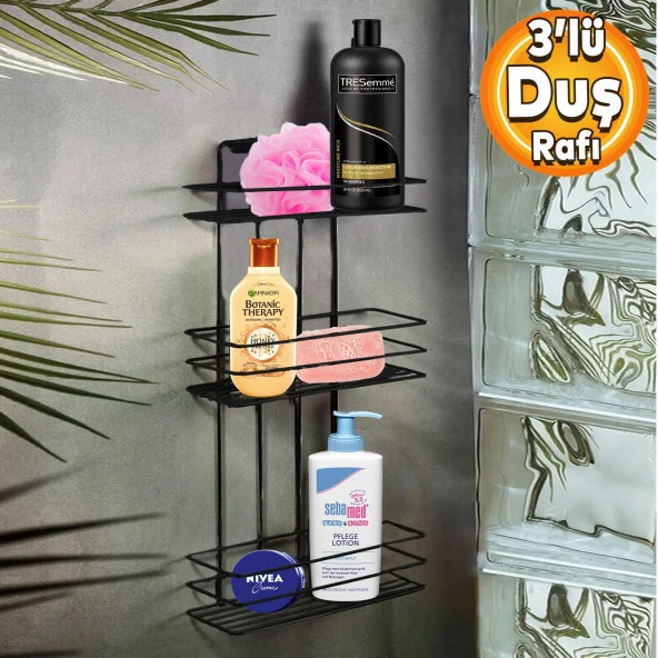 Banyo Duş Rafı Şampuanlık Köşelik Kare Siyah 3 Katlı Malzemelik Organizer Düzenleyici Mutfak Eşya Rafı ürün görseli 1