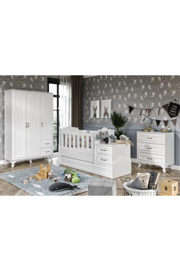 Kartopu Country Tarzı Bebek Odası Takımı Beyaz - 3 Parçalı Tamamı 1. Kalite Mdf ürün görseli 1