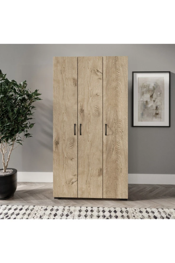 KZNMOB HOME Soft 3 Kapaklı Meşe Gardırop, Elbise Dolabı - Tamamı 1. Kalite Mdf ürün görseli 1