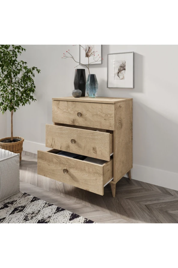 KZNMOB HOME Gardenya 3 Çekmeceli Meşe Şifonyer - Tamamı 1. Kalite Mdf ürün görseli 1