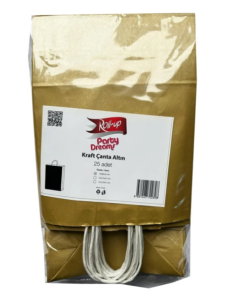 Büküm Saplı Kraft Kağıt Karton Hediye Çanta Poşet Torba - Gold - 25x31 Cm. - 25 Adetlik 2 Paket ürün görseli 1