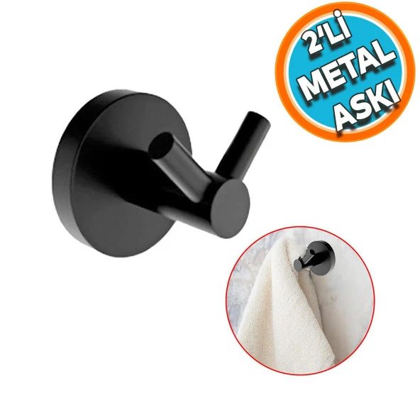 Metal Sağlam Banyo Lavabo 2li Askılık Aparat Bornoz Havlu Asma Askı Vidalı Siyah Renk ürün görseli 1