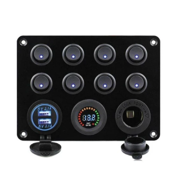 Bfy 8'Li Otomatik Sigorta ve Işıklı Switch Panel Şarj+Usb+Voltmetre ürün görseli 1