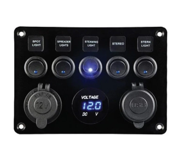 Bfy 5li Otomatik Sigorta ve Işıklı Switch Panel Şarj+Usb+Voltmetre ürün görseli 1