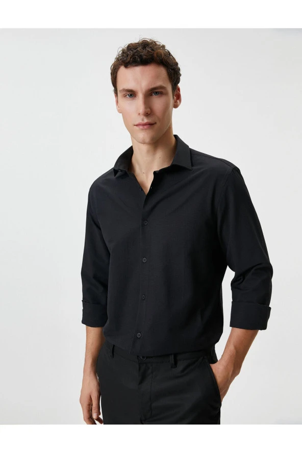 Slim Fit Gömlek Yarım İtalyan Yaka Düğmeli Dokulu ürün görseli 1