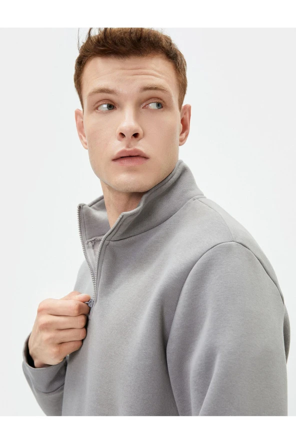 Yarım Fermuarlı Sweatshirt Basic Dik Yaka Ribanalı Uzun Kollu ürün görseli 1
