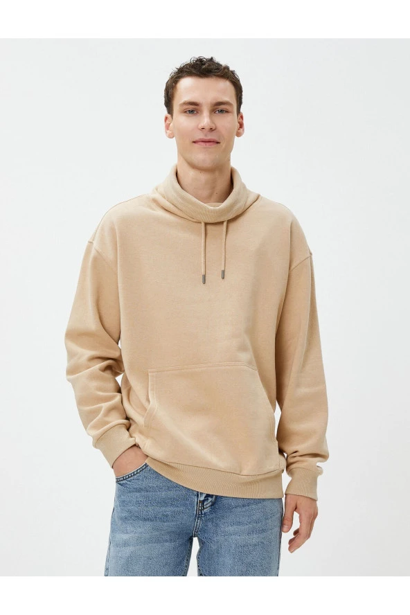Oversize Sweatshirt Şal Yaka Kanguru Cepli Bağcıklı Şardonlu ürün görseli 1