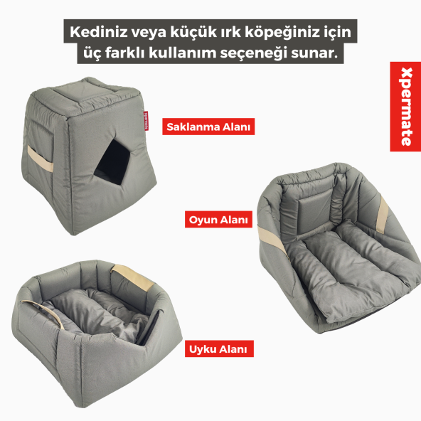 XPERMATE 3 Fonksiyonlu Kedi Evi - Küçük Irk Köpek Evi - Kedi Mağara Kedi Yuvası - Kedi Yatağı Antrasit ürün görseli 1