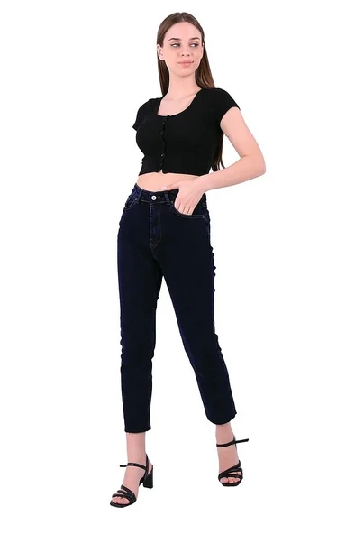 Paçaları Dikişsiz ve Yüksek Belli Cepli Astarsız Kadın Kot Pantolon Mom Fit Jean Lacivert Denim ürün görseli 1
