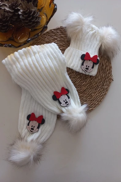MARS BABY Kız Erkek Unisex Bebek Çocuk Krem Minnie Figürlü Ponponlu Atkı Bere Takımı ürün görseli 1