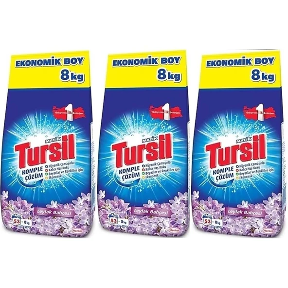Tursil Matik Toz Çamaşır Deterjanı 24KG Leylak Bahçesi (159 Yıkama) Renkli/Beyazlar (3PK*8KG) ürün görseli 1