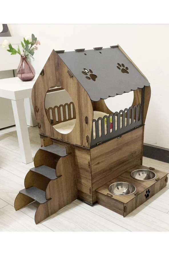 Dekoratif Teraslı Kedi Evi Ve Mama Kabı Seti ürün görseli 1