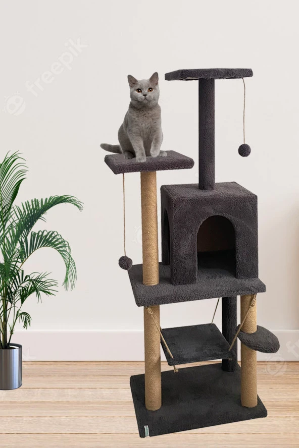 Y-01 Salıncaklı Yuvalı Lüx Kedi Tırmalama Oyun Evi-Antrasit ürün görseli 1