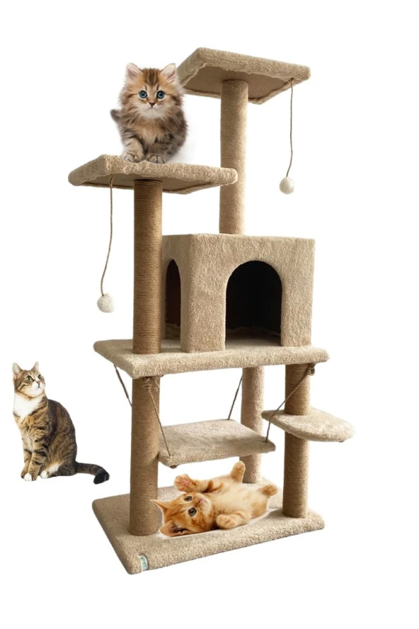 Nursoft Y01 Salıncaklı Yuvalı Lüx Kedi Tırmalama Oyun Evi - Bej ürün görseli 1