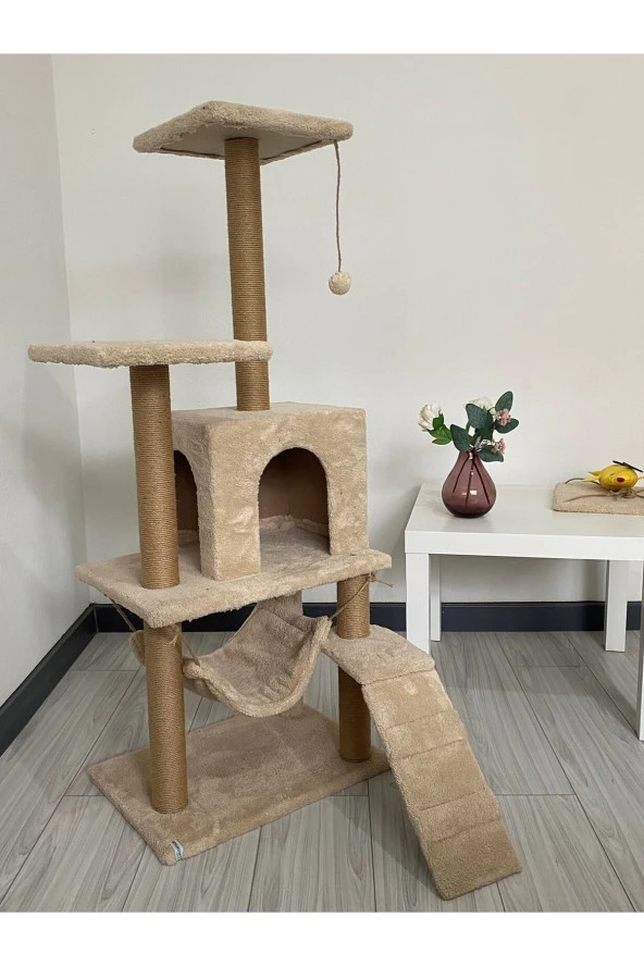B-07 Hamaklı Yuvalı Lüx Kedi Tırmalama Oyun Evi-bej ürün görseli 1