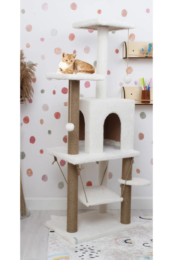 Y-01 Salıncaklı Yuvalı Lüx Kedi Tırmalama Oyun Evi-beyaz ürün görseli 1