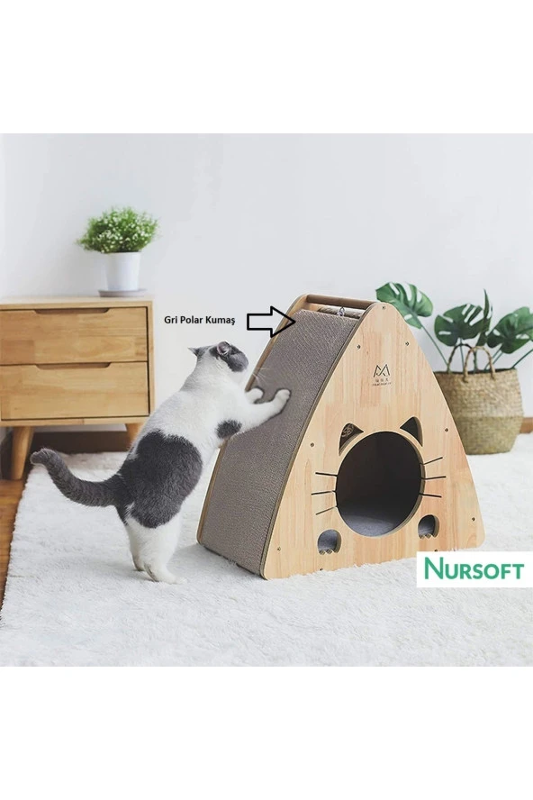 Cat Face 2 Üçgen Ahşap Kedi Yuvası Nr-0083 ürün görseli 1