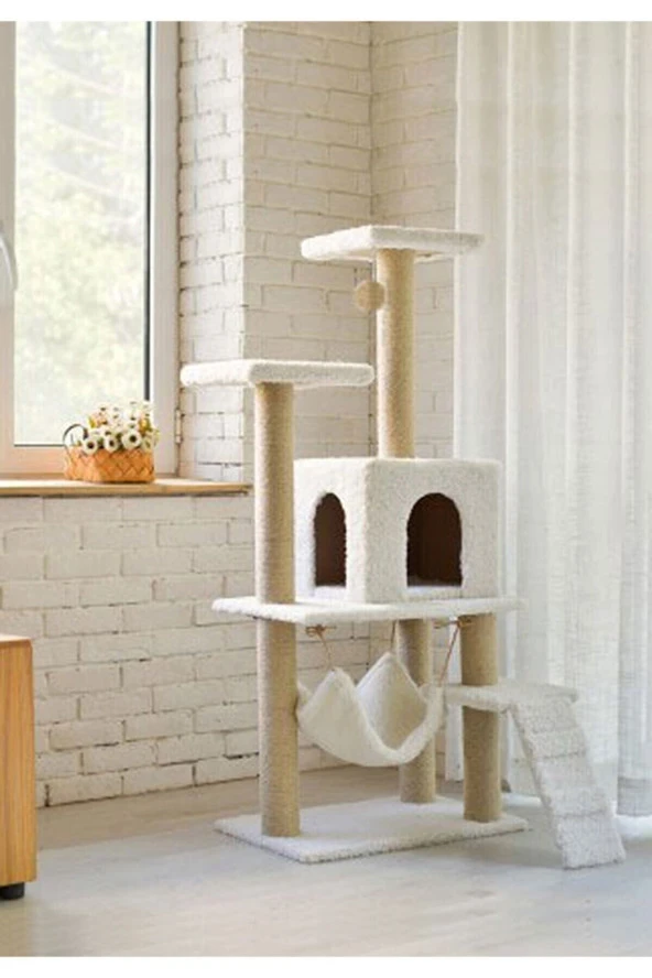 B-07 Hamaklı Yuvalı Lüx Kedi Tırmalama Evi Beyaz-2 ürün görseli 1