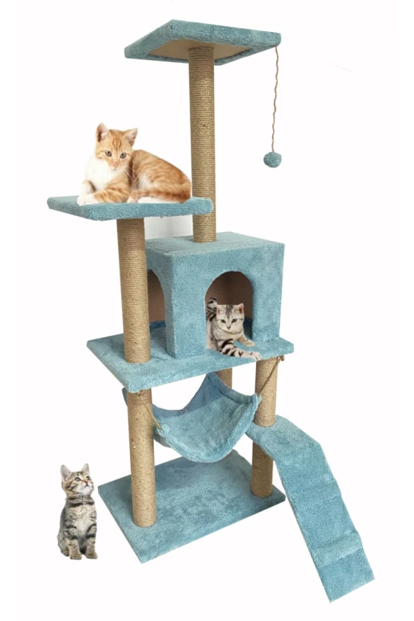 Nursoft B-07 Hamaklı Yuvalı Lüx Kedi Tırmalama Oyun Evi - Turkuaz ürün görseli 1